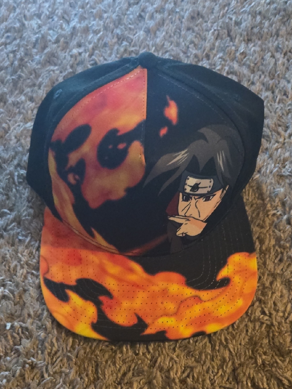 Itachi (Naruto) Flame Graphic Snapback Cap - Black & Orange